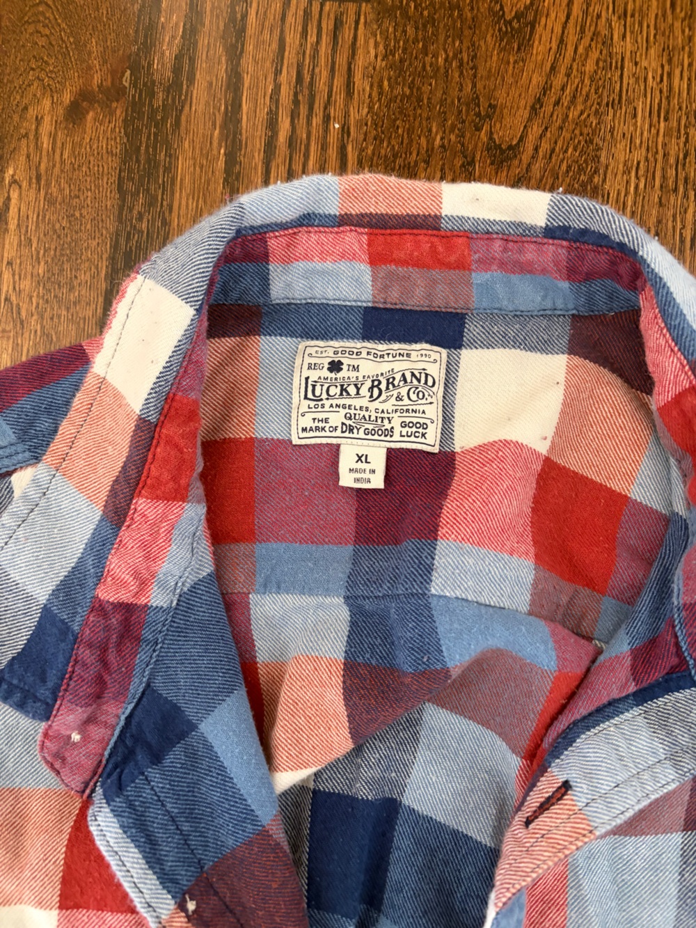 Lucky Brand men’s 100% cotton Plaid Button-Down Shirt in Red, Blue & White